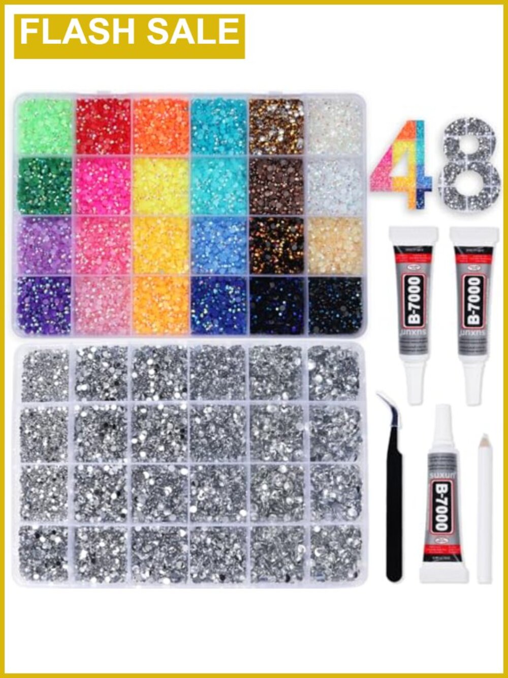 Rhinestone Bedazzling Kit Resin Flatback Gems with B7000 Jewelry Glue Tweezers
